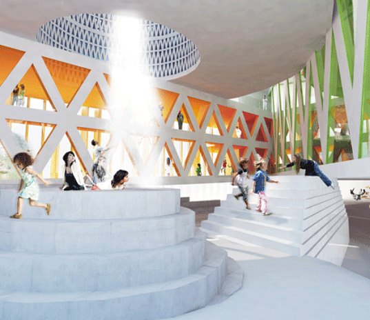 cultural center, community center, MVDRV, Adept architects, denmark, house of culture and movement, design for health, activity, community, natural ventilation, solar power, green design, eco design, sustainable building,