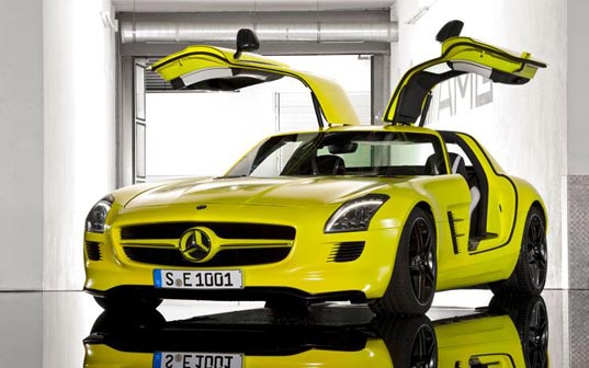 Mercedes, e-cell, battery, lithium, electric, car, auto, sports, racecar, roadster, AMG, yellow, prototype, german, green, eco, fuel efficient, sustainable, Mercedes-Benz SLS AMG