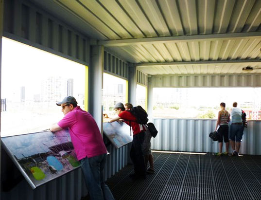 view tube, prefabricated architecture, green architecture, recycled materials, green design, eco design, sustainable design, olympics, shipping container building, green building, shipping container, cafe, gallery, sustainable architecture, london olympics, united kingdom, uk, bonnie alter, treehugger, lime green shipping container cafe