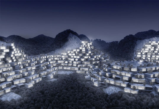 mvrdv, long tan park, Cascades of Box Homes Covering the Mountains, green architecture, erosion, limestone, eco architecture, sustainable architecture, liuzhou, china, pixelated village, vertical village, green design, eco design, sustainable design, long tan park