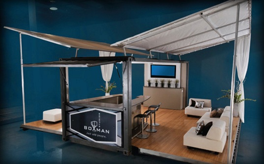 container venue, green entertainment venue, solar powered container, green party venue, green portable display, shipping container reuse, shipping container prefab,