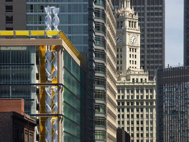 greenway self park, vertical axis wind turbines, green building, hok, sustainable architecture, chicago