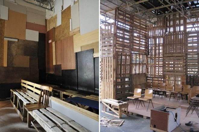 jellyfish theatre, shipping pallets, pallet theater, recycled materials, london, sustainable architecture