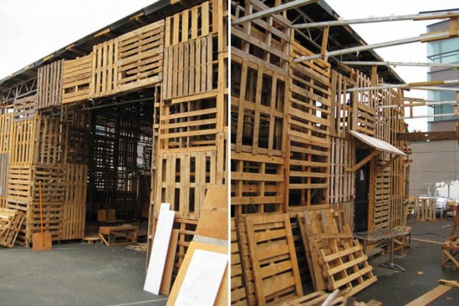 jellyfish theatre, shipping pallets, pallet theater, recycled materials, london, sustainable architecture