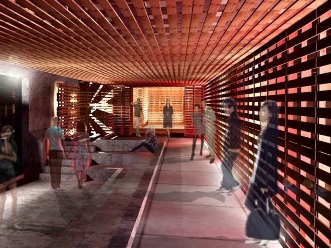 l'opera palette, pallet opera, jacques plante, quebec city, opera theater, shipping pallets, green architecture