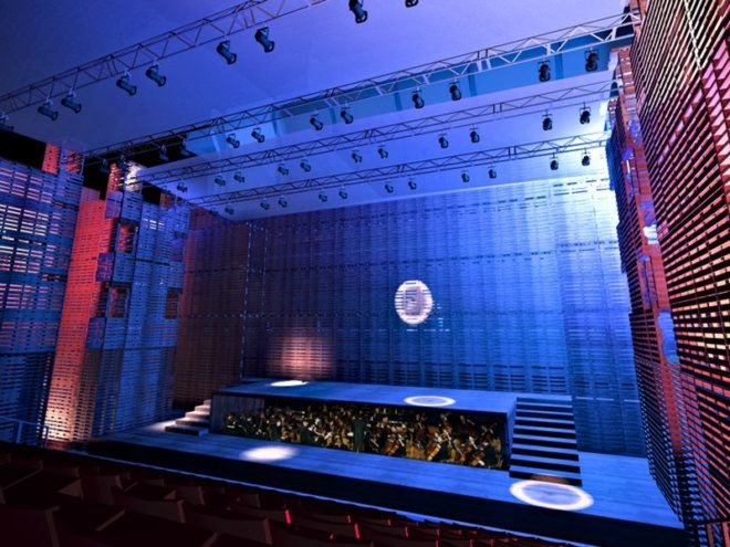 l'opera palette, pallet opera, jacques plante, quebec city, opera theater, shipping pallets, green architecture