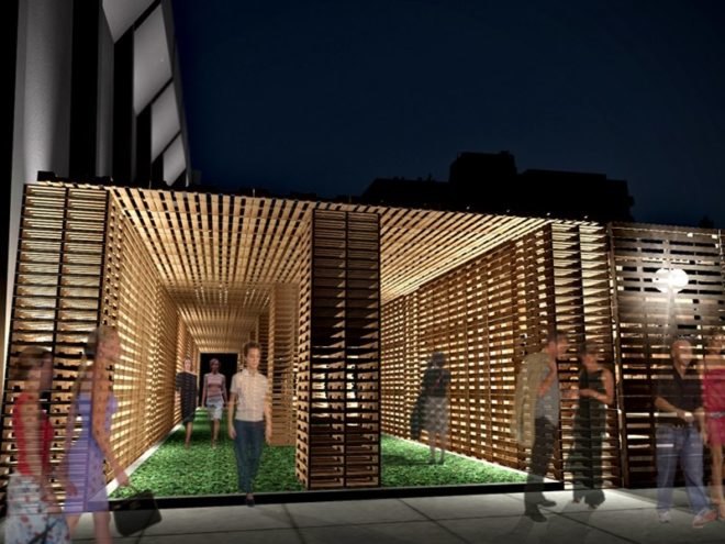 l'opera palette, pallet opera, jacques plante, quebec city, opera theater, shipping pallets, green architecture