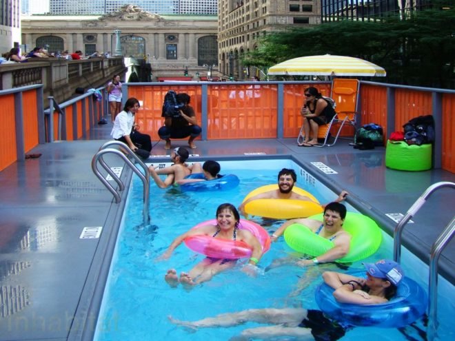 + pool, dumpster, dumpster pools, green design, new york city, Recycled Materials, sustainable design, community pools, community spaces, dumpster pool, guerrilla installations, Macro Sea, New York summer activities, New York., public pools, public spaces, adaptive reuse, Brooklyn, dumpster, dumpster pool, Macrosea, reuse, swimming pool