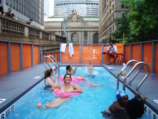 + pool, dumpster, dumpster pools, green design, new york city, Recycled Materials, sustainable design, community pools, community spaces, dumpster pool, guerrilla installations, Macro Sea, New York summer activities, New York., public pools, public spaces, adaptive reuse, Brooklyn, dumpster, dumpster pool, Macrosea, reuse, swimming pool