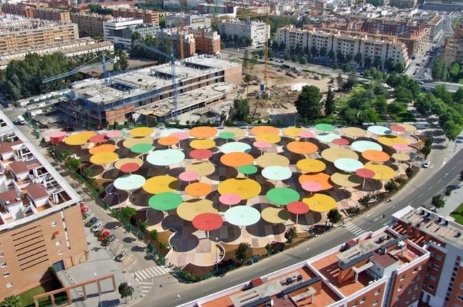 Spain, Cordoba, ParedesPino Arquitectos, Centro Abierto de Actividades Ciudadanas (CAAC), umbrellas, sun shades, solar umbrellas, public spaces, urban development, urban revitalization, public playgrounds, local markets spain