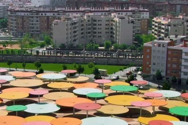 Spain, Cordoba, ParedesPino Arquitectos, Centro Abierto de Actividades Ciudadanas (CAAC), umbrellas, sun shades, solar umbrellas, public spaces, urban development, urban revitalization, public playgrounds, local markets spain