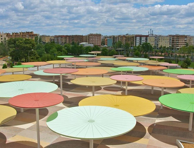 Spain, Cordoba, ParedesPino Arquitectos, Centro Abierto de Actividades Ciudadanas (CAAC), umbrellas, sun shades, solar umbrellas, public spaces, urban development, urban revitalization, public playgrounds, local markets spain