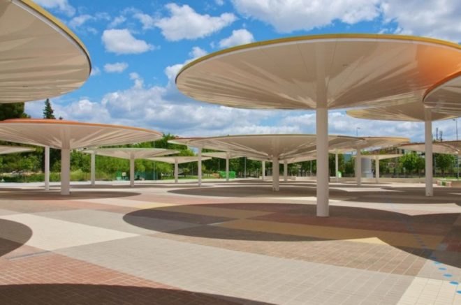 Spain, Cordoba, ParedesPino Arquitectos, Centro Abierto de Actividades Ciudadanas (CAAC), umbrellas, sun shades, solar umbrellas, public spaces, urban development, urban revitalization, public playgrounds, local markets spain