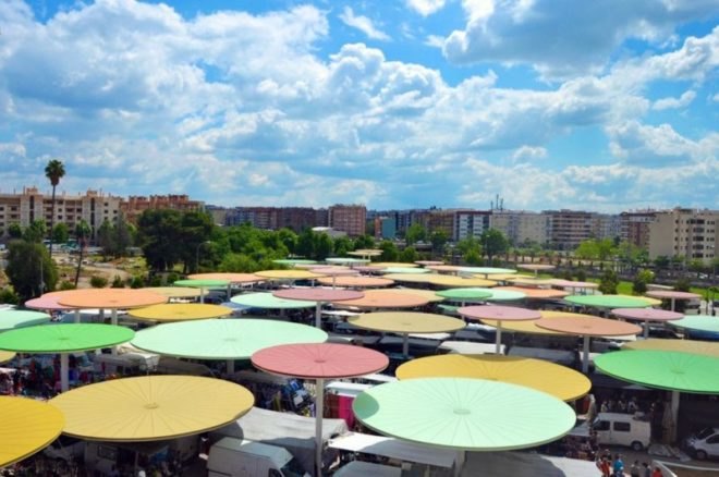 Spain, Cordoba, ParedesPino Arquitectos, Centro Abierto de Actividades Ciudadanas (CAAC), umbrellas, sun shades, solar umbrellas, public spaces, urban development, urban revitalization, public playgrounds, local markets spain