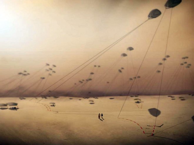 paisajes emergentes, kite power, kites, windbelt, land art generator initiative, renewable energy, abu dhabi, UAE, sustainable design