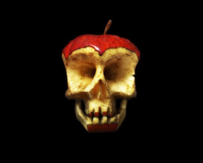 fruit skulls, eco art, Dimitri Tsykalov, recycled materials, gardening, fruit carving, skulls, apple skull