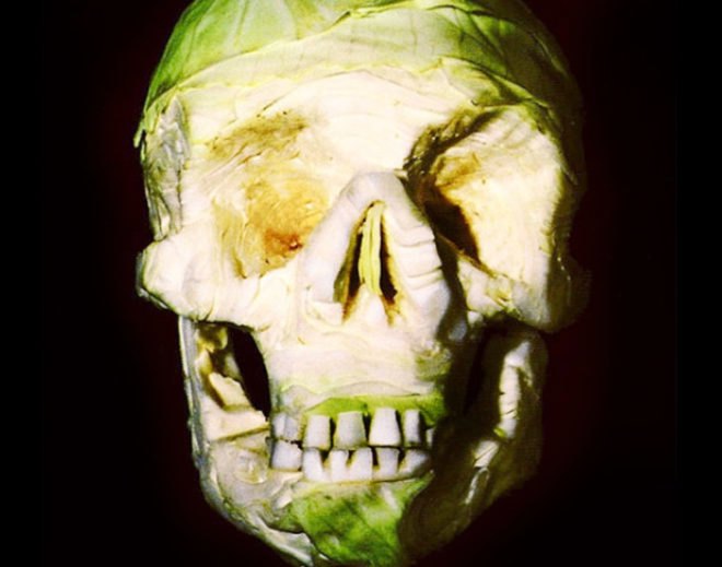 fruit skulls, eco art, Dimitri Tsykalov, recycled materials, gardening, fruit carving, skulls