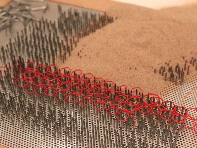 Florie Salnot's plastic bottle jewelry technique (pinboards are immersed in hot sand to set the designs)