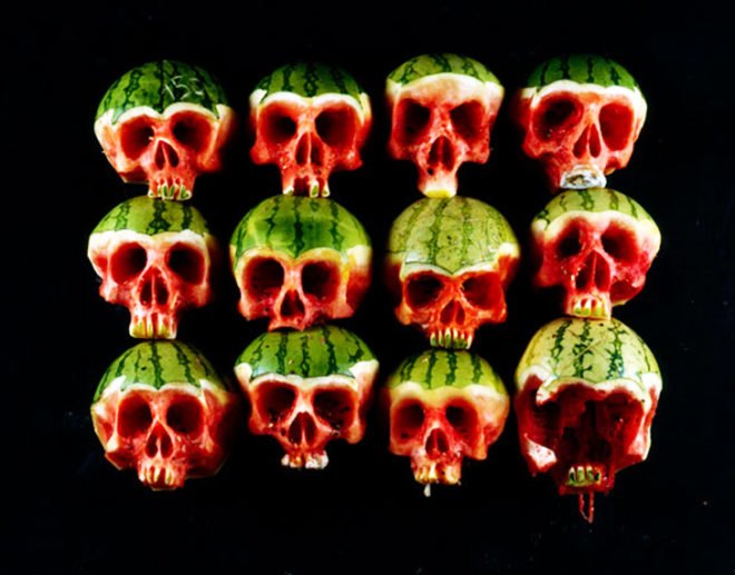 fruit skulls, eco art, Dimitri Tsykalov, recycled materials, gardening, fruit carving, skulls