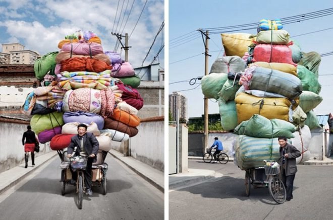 totems, alain delorme, bike transport, art, eco art, photography, shanghai, "made in china"