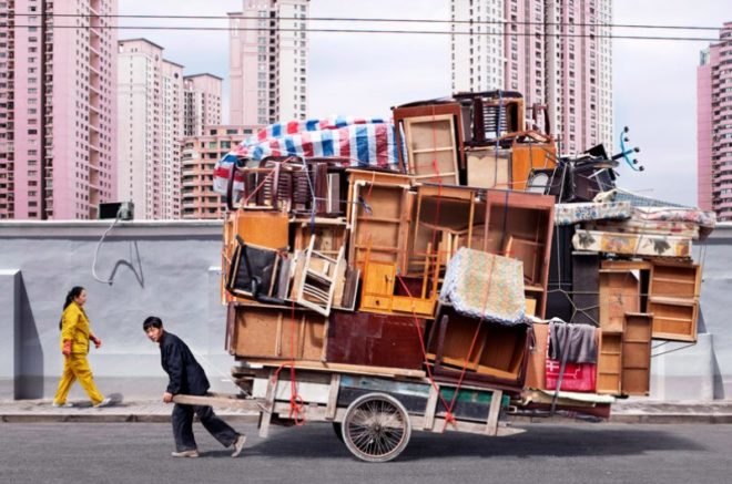 totems, alain delorme, bike transport, art, eco art, photography, shanghai, "made in china"