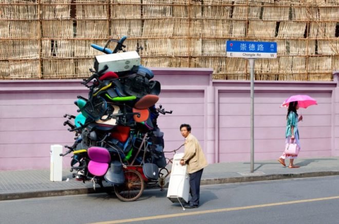 totems, alain delorme, bike transport, art, eco art, photography, shanghai, "made in china"