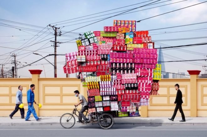 totems, alain delorme, bike transport, art, eco art, photography, shanghai, "made in china"