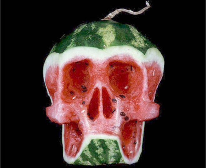 fruit skulls, eco art, Dimitri Tsykalov, recycled materials, gardening, fruit carving, skulls