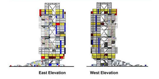 Kok Keong Tew, Linshou Wang, skyscraper, eco skyscraper, adaptable skyscraper, green skyscraper, prefabricated, prefab, modular housing, shipping container home, de stijl, rotterdam, shipping containers, mondrian, legos