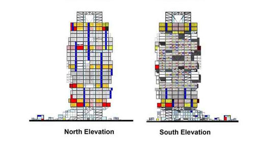 Kok Keong Tew, Linshou Wang, skyscraper, eco skyscraper, adaptable skyscraper, green skyscraper, prefabricated, prefab, modular housing, shipping container home, de stijl, rotterdam, shipping containers, mondrian, legos