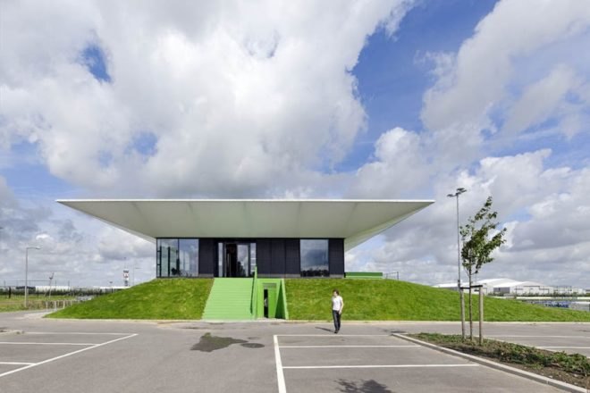 MoederscheimMoonen Architects, football club, LED area lighting, natural bleachers, Netherlands football club,