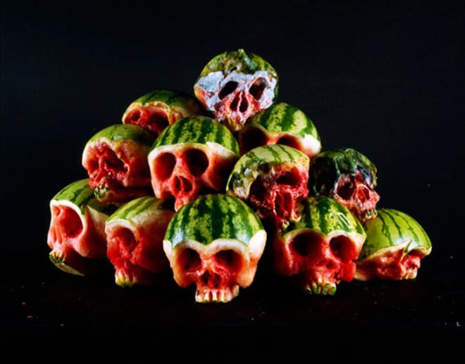 fruit skulls, eco art, Dimitri Tsykalov, recycled materials, gardening, fruit carving, skulls, watermelon skulls