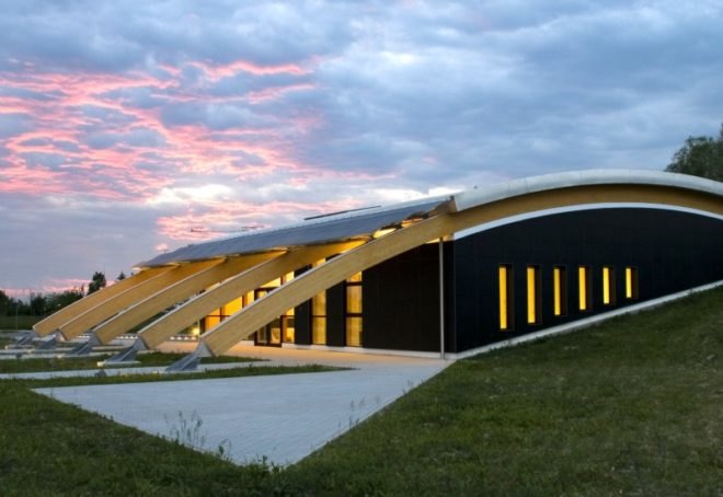 polins, marco acerbis, italy, auditorium, daylighting, solar power, casaclimate, green design, sustainable architecture