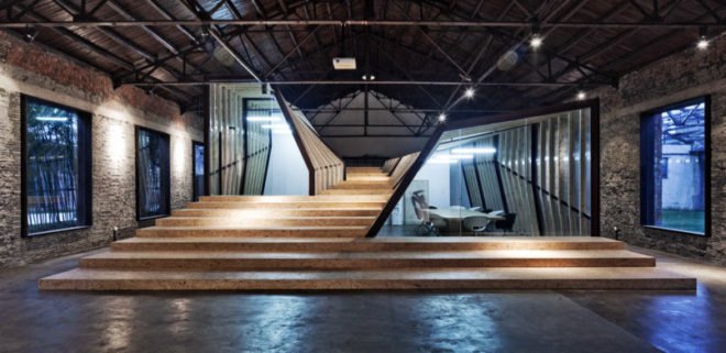 Green studio, Archi Union Architects, reclaimed warehouse, parametric wall, arts studio conversion, China art space, warehouse studio,