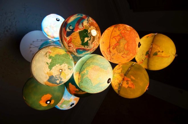 globe chandelier, recycled materials, Benoît Vieubled, green design, sustainable design, green lighting, world lamp, recycled globe chandelier, eco art