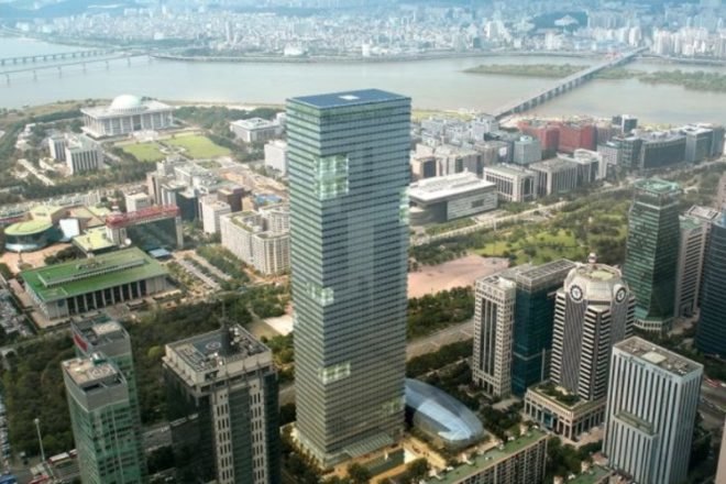 Koren green building, Korean green skyscraper,Adrian Smith + Gordon Gill Architecture, BIPV, building integrated photovoltaics, solar electric facade, angled glazing