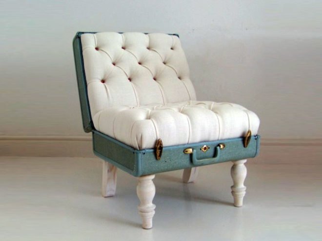suitcase chair, katie thomspon, recycled suitcases, recycled materials, upcycled materias, samsonite suitcases, green chairs, recycled chairs, recycled seating design, diy