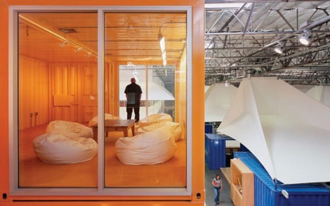 pallotta teamworks, clive wilkinson architects, shipping containers, shipping container office, green design, sustainable architecture