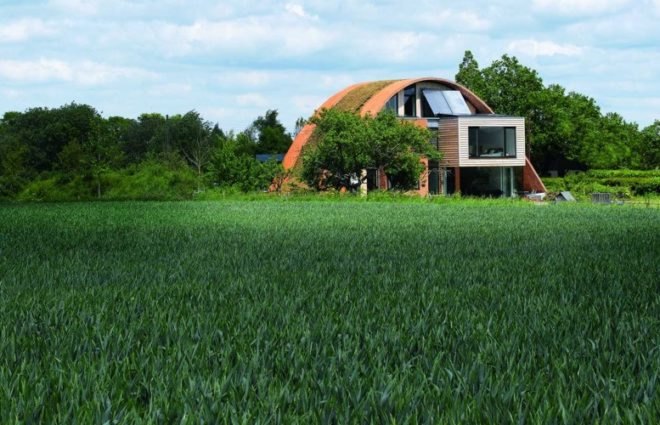 crossway house, Richard Hawke architects, PCM, HRV, England passive house, passivhaus, timbril vault, england green home, loacal materials, recycled materials, clay tile green roof, solar thermal electric,
