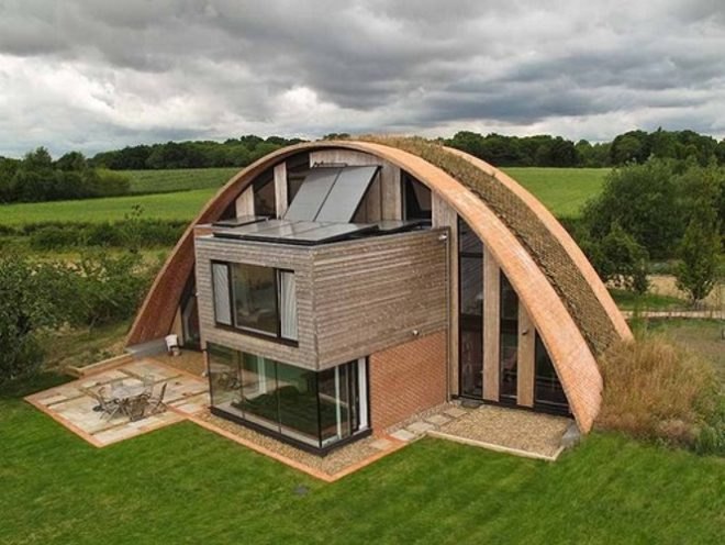 crossway house, Richard Hawke architects, PCM, HRV, England passive house, passivhaus, timbril vault, england green home, loacal materials, recycled materials, clay tile green roof, solar thermal electric,