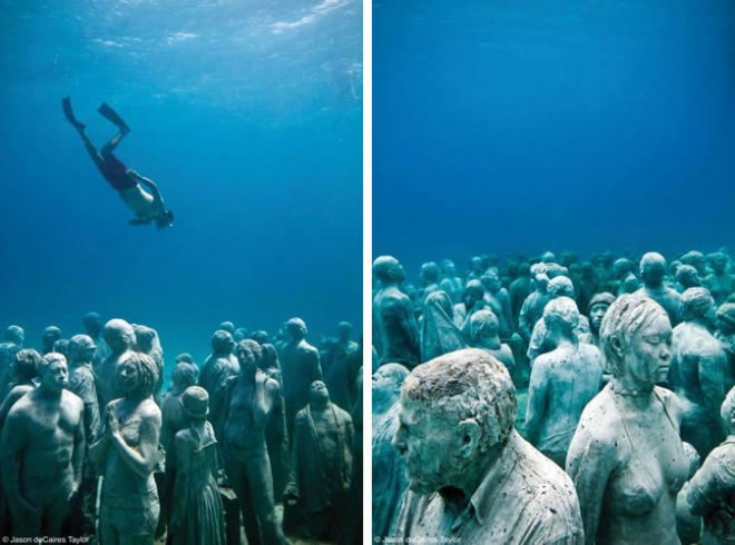 underwater sculpture, artificial reef, marine life, Mexico, Jason deCaires Taylor, green design, sustainable design, coral reef, art, eco art, green art, environmental art