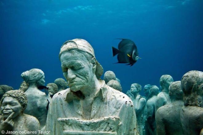 underwater sculpture, artificial reef, marine life, Mexico, Jason deCaires Taylor, green design, sustainable design, coral reef, art, eco art, green art, environmental art