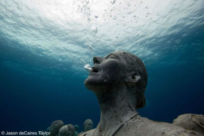 underwater sculpture, artificial reef, marine life, Mexico, Jason deCaires Taylor, green design, sustainable design, coral reef, art, eco art, green art, environmental art