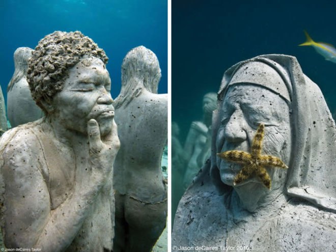 underwater sculpture, artificial reef, marine life, Mexico, Jason deCaires Taylor, green design, sustainable design, coral reef, art, eco art, green art, environmental art