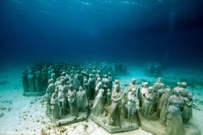 underwater sculpture, artificial reef, marine life, Mexico, Jason deCaires Taylor, green design, sustainable design, coral reef, art, eco art, green art, environmental art