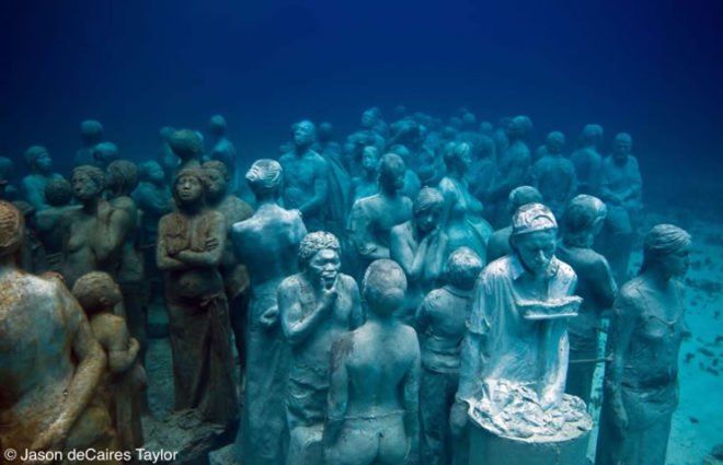 underwater sculpture, artificial reef, marine life, Mexico, Jason deCaires Taylor, green design, sustainable design, coral reef, art, eco art, green art, environmental art