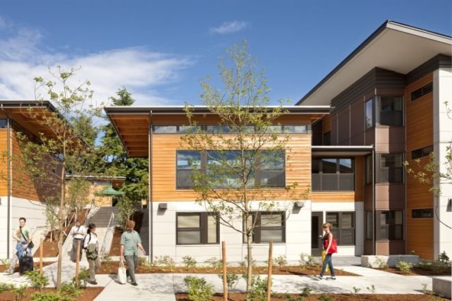 Bastyr University Student Village, CollinsWoerman, Student housing, butterfly roof, green design, sustainable architecture
