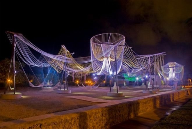 exhale pavilion, rachely rotem, phu hoang, art basel miami beach, art installation, glowing ropes