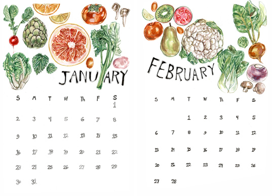 sustainable design, green design, eat local calendar, california produce calendar, Maria Schoettler, san francisco bay area produce, 2011 kitchen calendar, sustainable graphics, green graphics