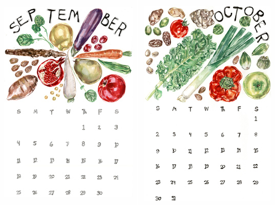 sustainable design, green design, eat local calendar, california produce calendar, Maria Schoettler, san francisco bay area produce, 2011 kitchen calendar, sustainable graphics, green graphics